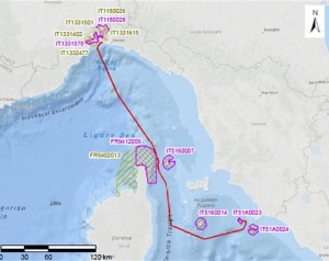mappa del tragitto della Concordia dal Giglio al porto di Genova