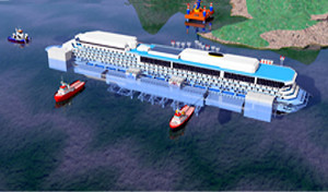 Un grafico che riproduce la Costa Concordia trainata dai rimorchiatori